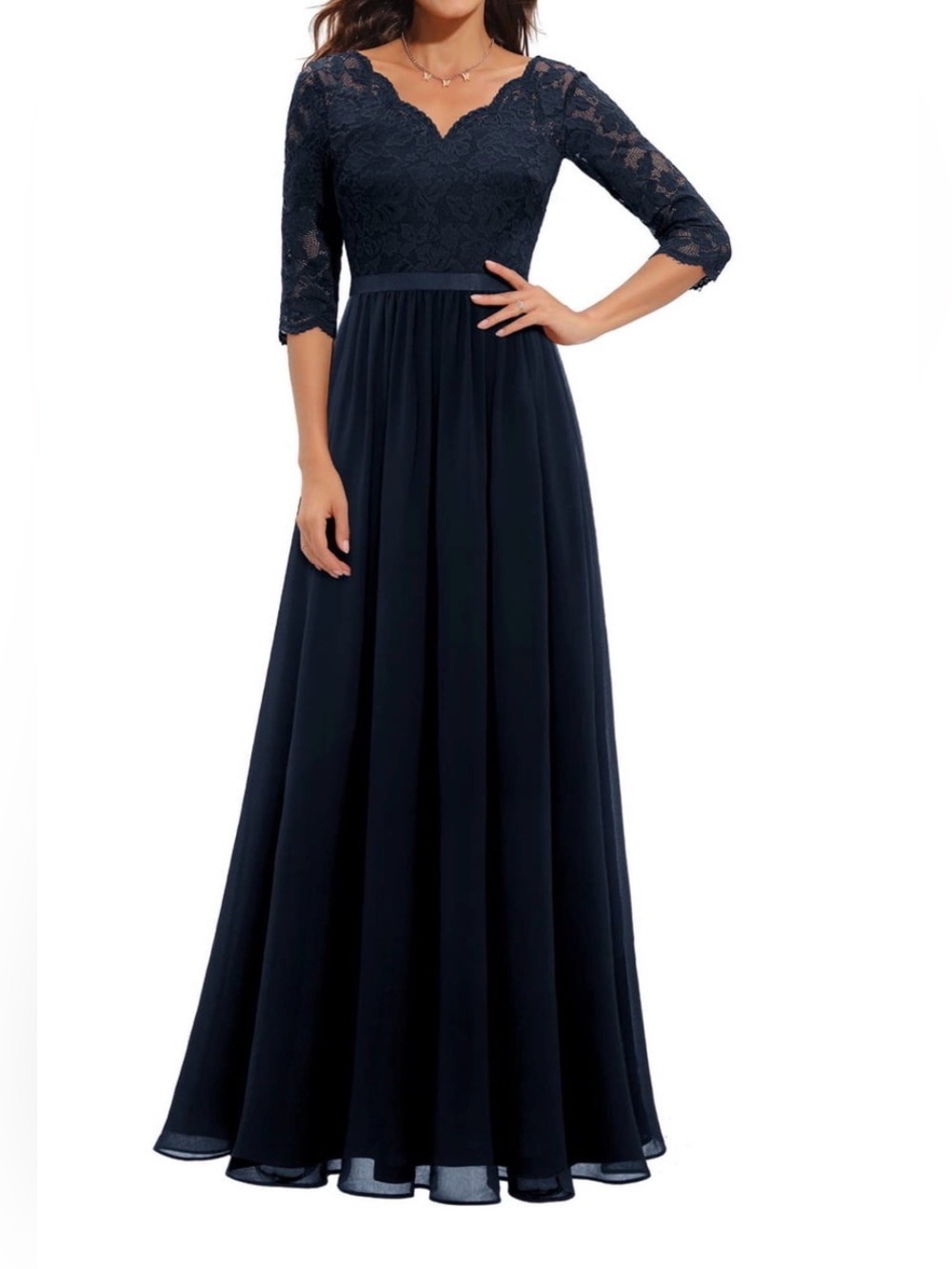 Elegant Navy Lace A-Line Evening Dress